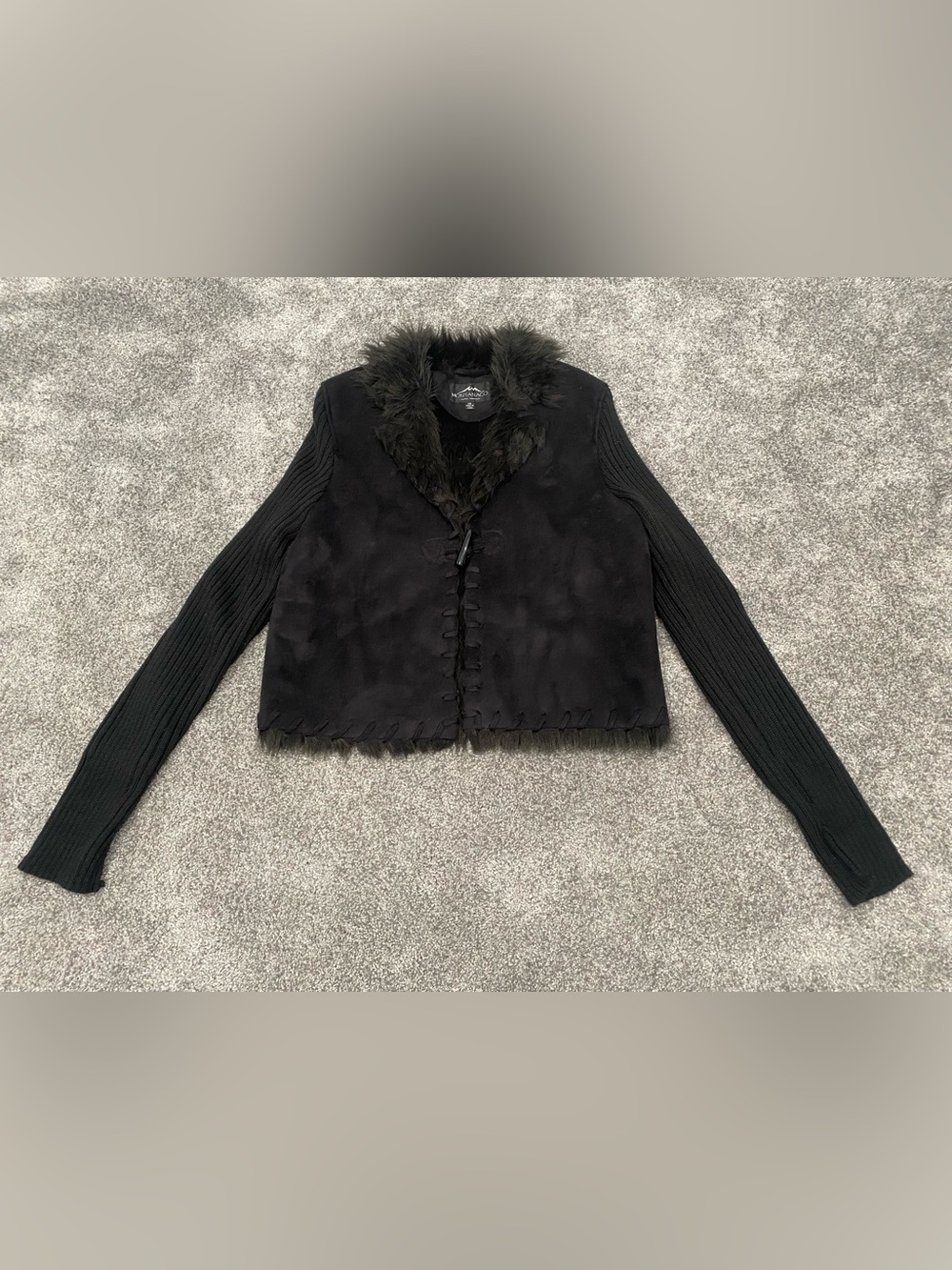 MONTANACO Size XS Womens Wool Blend Faux Fur Trim 1 Button Faux Suede Jacket